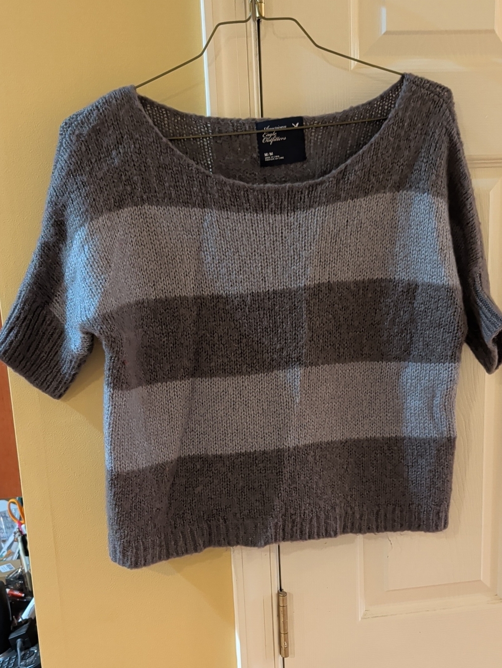 American Eagle Outfitters Striped Knit Crewneck Sweater - Gray/Light Gray